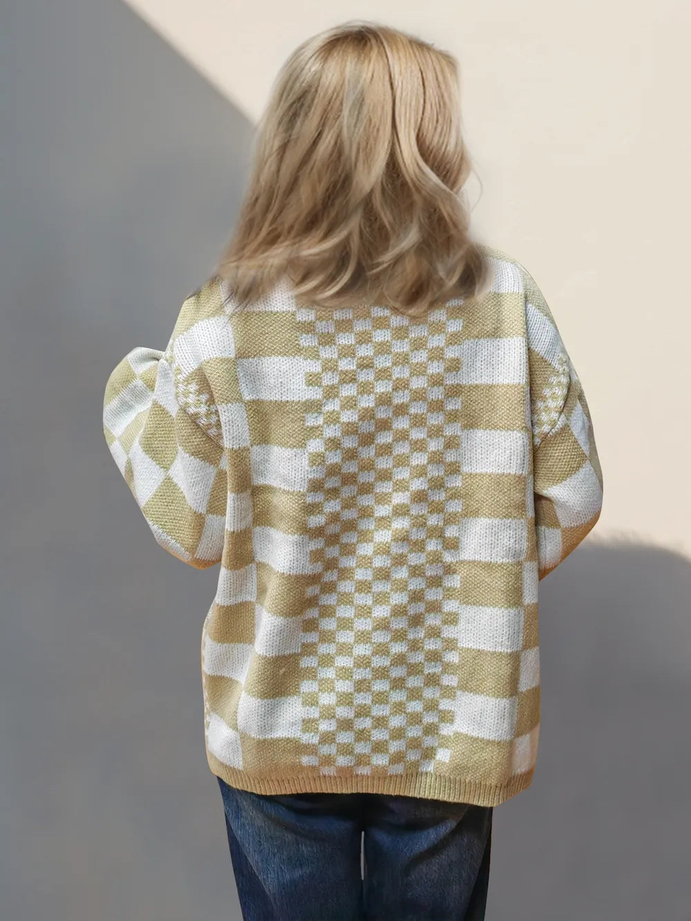Double Take Checkered Open Front Dropped Shoulder Cardigan - Fashorio