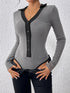 Perfee Contrast Trim Johnny Collar Long Sleeve Bodysuit - Fashorio