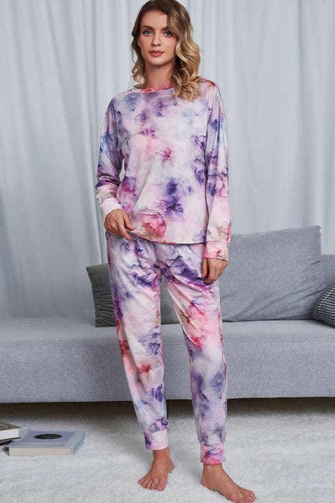 Shiny Tie-Dye Crewneck Top and Drawstring Waist Joggers Lounge Set Pink Purple - Fashorio