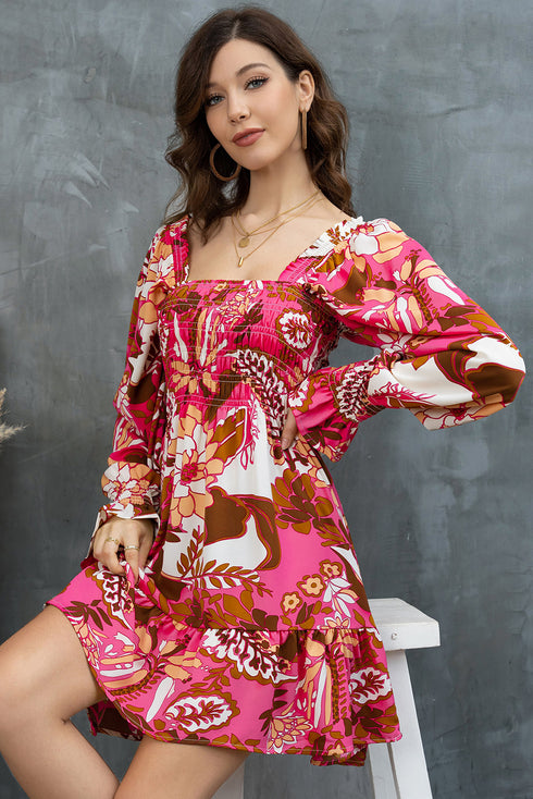 Floral Square Neck Flounce Sleeve Dress - Fashorio