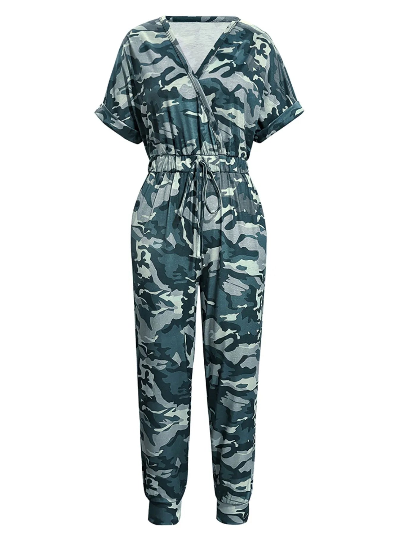Drawstring Waist Short Sleeve Jumpsuit Green Camouflage - Fashorio