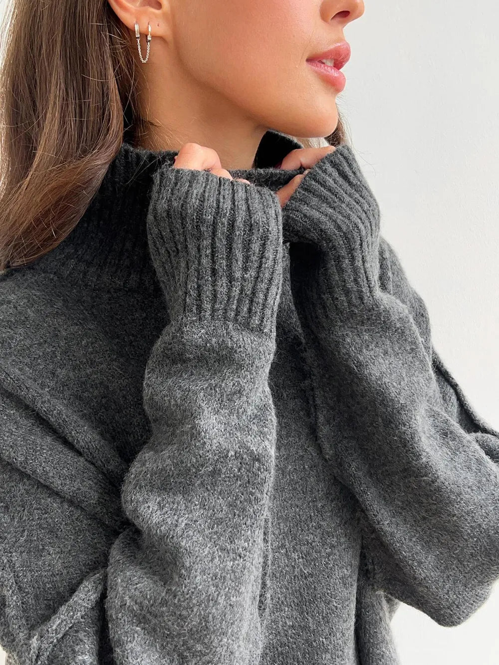 Slit Turtleneck Long Sleeve Top and Pants Sweater Set - Fashorio