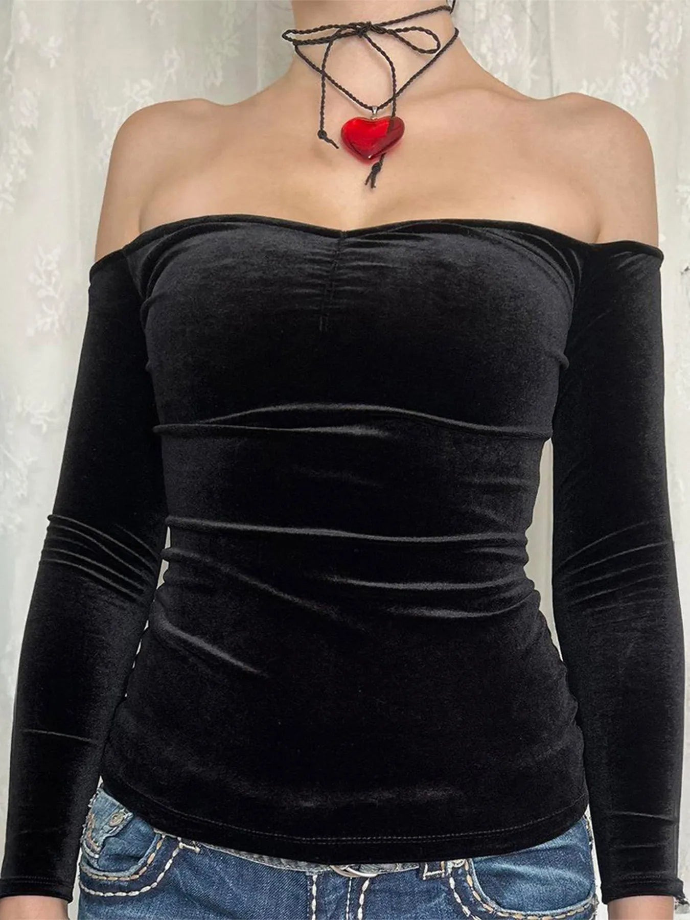 Off-Shoulder Long Sleeve Top Black - Fashorio