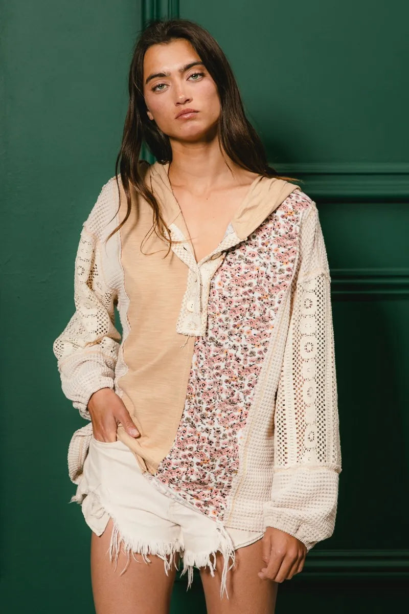 BiBi Slub Jersey with Lace Combo Buttoned Hoodie Top - Fashorio