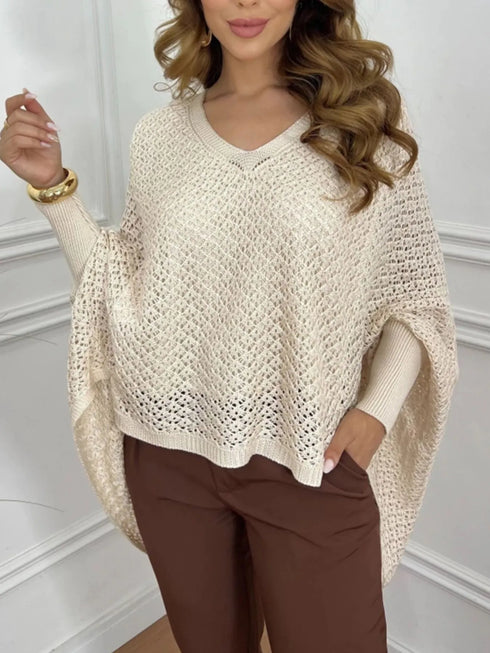 Crochet V-Neck Batwing Sleeves Oversized Sweater Apricot - Fashorio