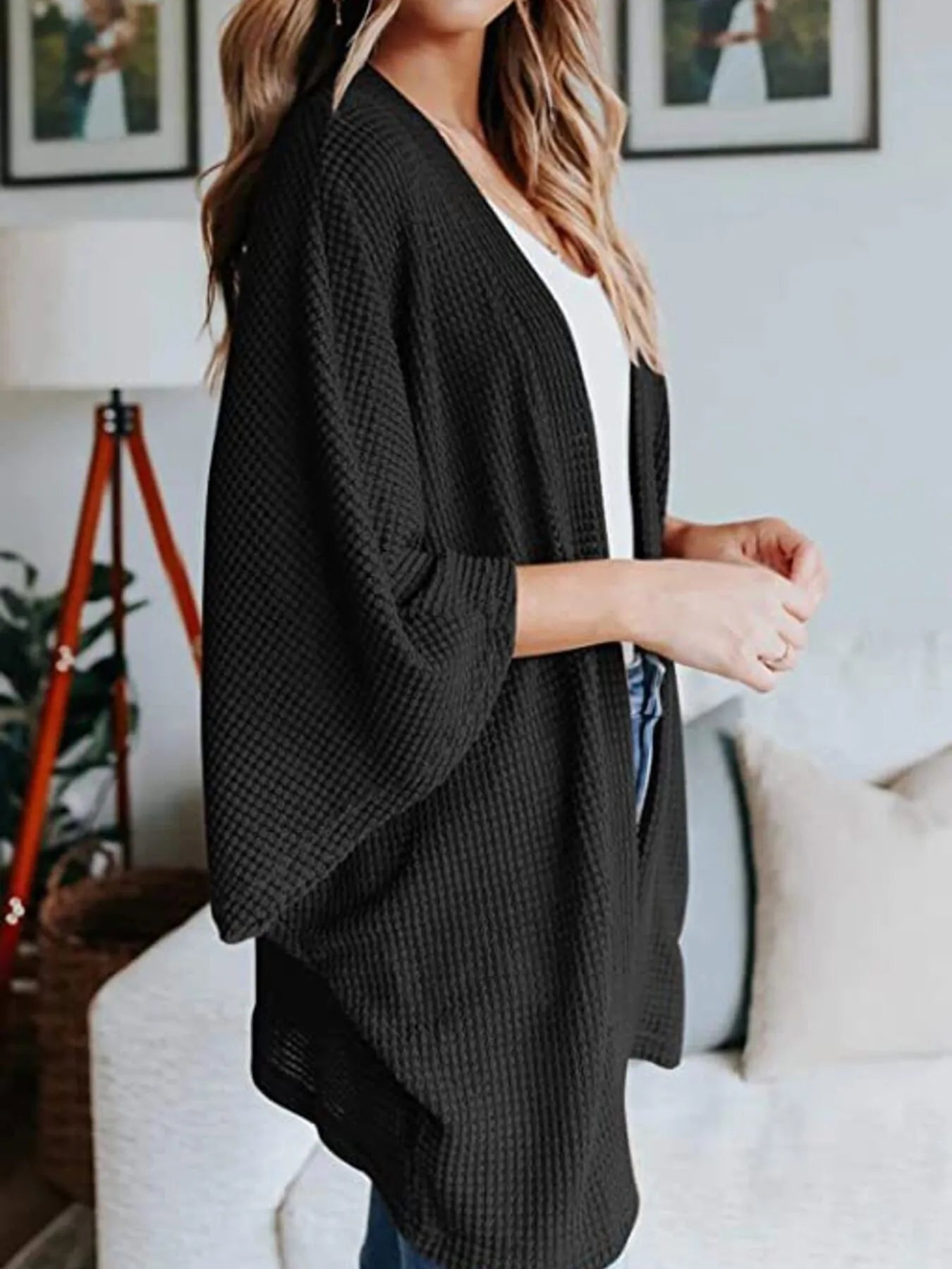 Full Size Open Front Waffle Knit Cardigan Plus Size - Fashorio