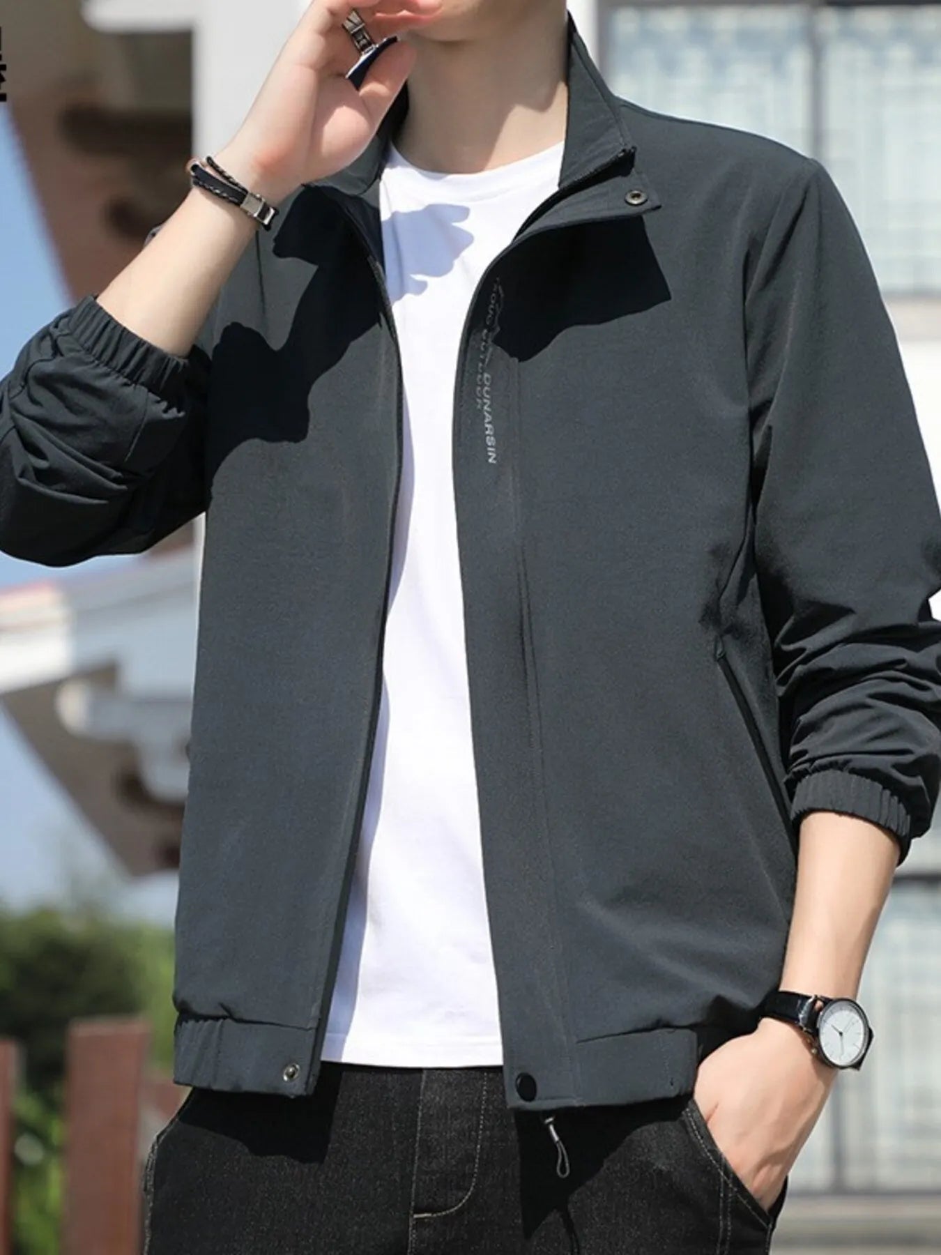 Men's Plus Size Zip Up Long Sleeve Jacket Dark Gray - Fashorio