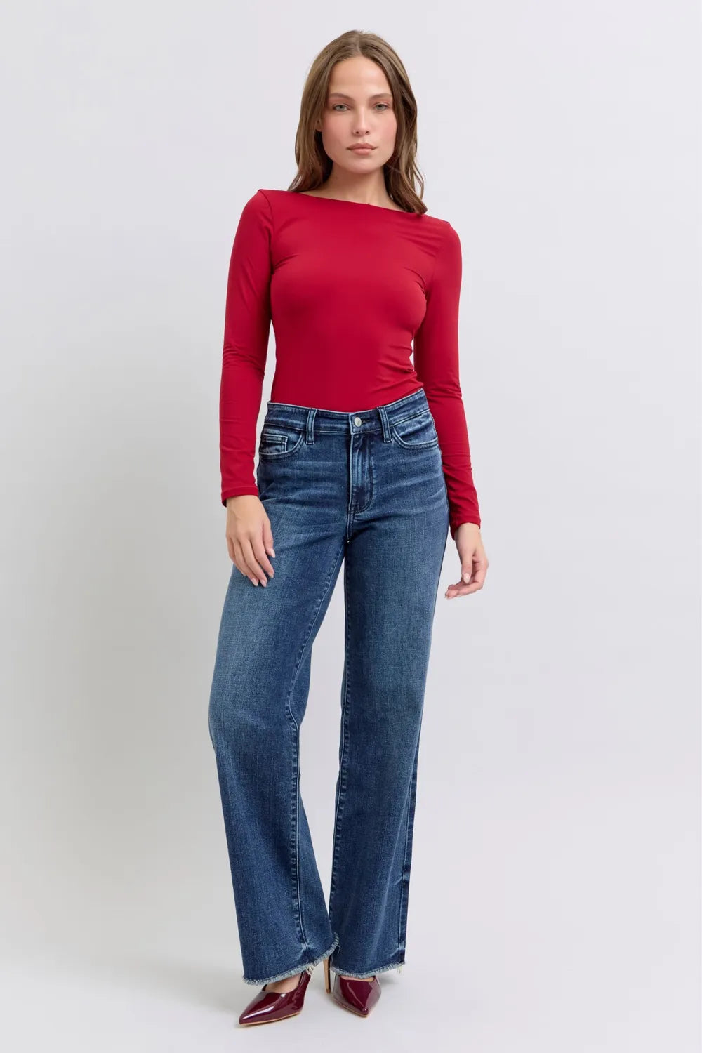 Judy Blue Full Size Raw Hem Mid Rise Jeans – Frayed Denim - Fashorio