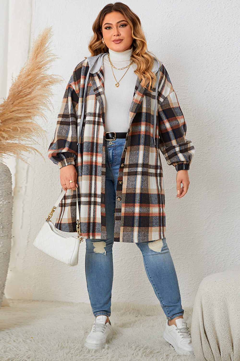 Honey Plus Size Plaid Drop Shoulder Hooded Coat - Fashorio