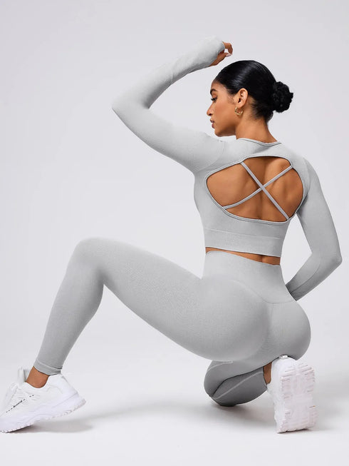 Back Crisscross Round Neck Long Sleeve Top and Leggings Active Set - Fashorio