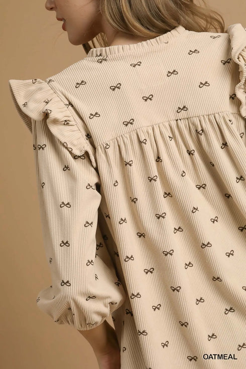 Umgee Bow Print Corduroy Puff Sleeve Blouse with Ruffled - Fashorio