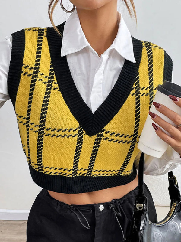 Plaid V-Neck Cropped Sweater Vest Yellow - Fashorio
