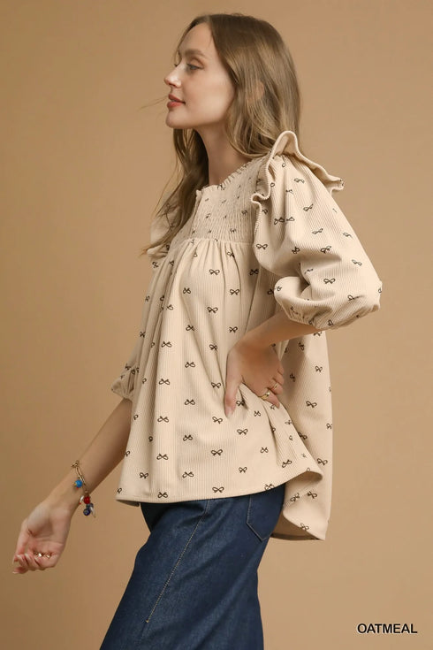 Umgee Bow Print Corduroy Puff Sleeve Blouse with Ruffled - Fashorio