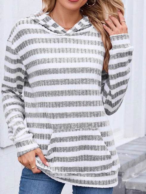 Striped Ribbed Knit Hoodie with Kangaroo Pocket - Fashorio