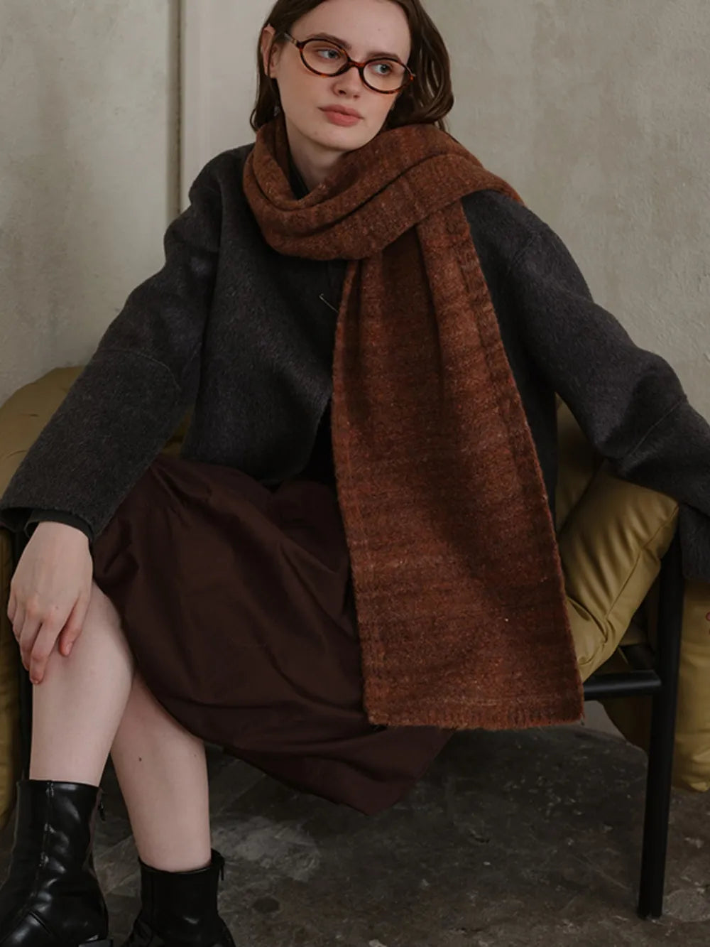 Striped Detail Knit Scarf Dark Brown One Size - Fashorio