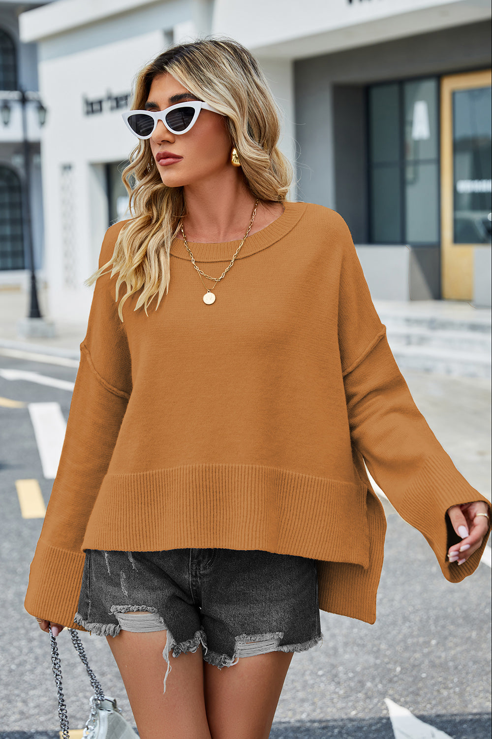 Round Neck Dropped Shoulder Slit Sweater - Fashorio