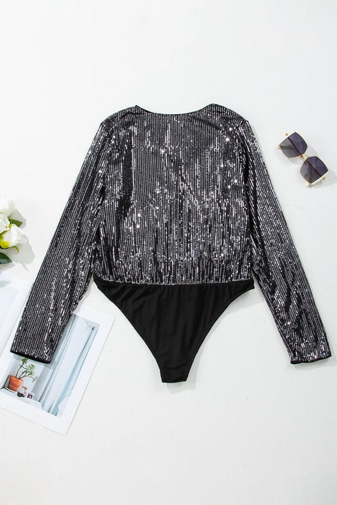 Sequin Surplice Long Sleeve Bodysuit - Fashorio