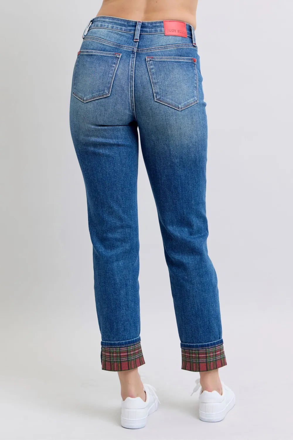 Judy Blue Full Size Plaid Print Cuff Straight Leg Jeans with Pockets - Fashorio