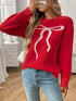 Bow Graphic Ribbed Hem Round Neck Sweater Red - Fashorio