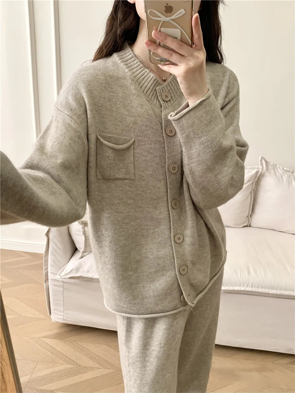 Pocketed Round Neck Button Up Cardigan and Pants Sweater Set - Fashorio