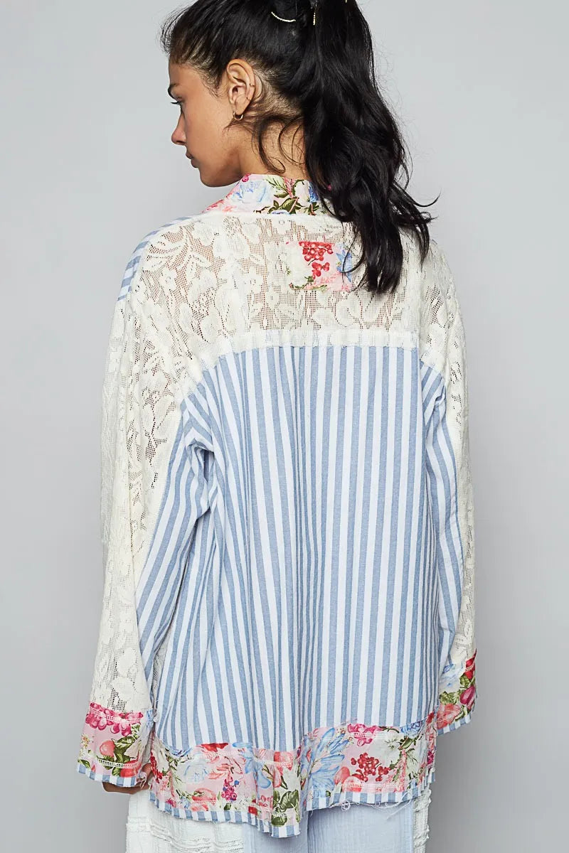 POL Lace Long Sleeve Striped Cardigan with Floral Patchwork Detail - Fashorio
