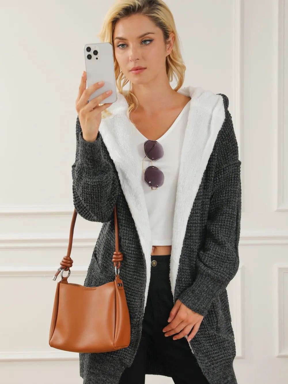 Open Front Hooded Winter Coat with Pockets - Fashorio