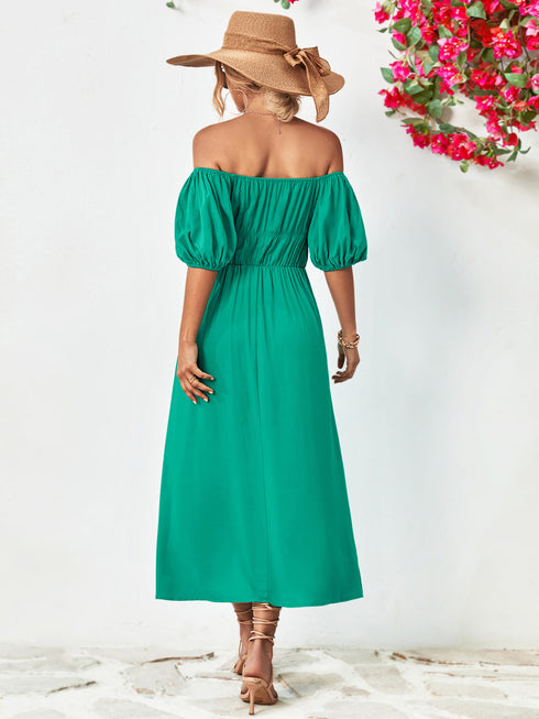 Off-Shoulder Balloon Sleeve Midi Dress - Fashorio