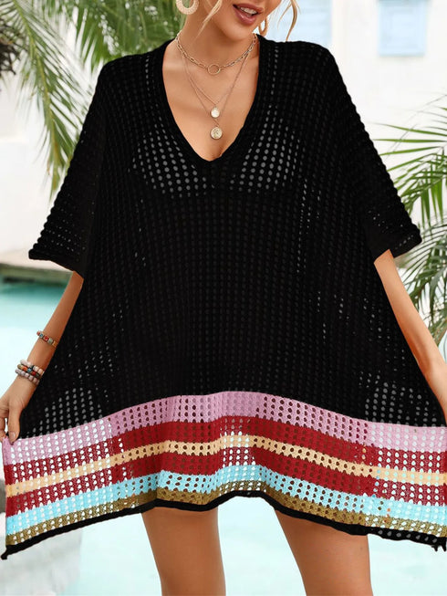 Crochet V-Neck Cover-Up Dress Black One Size - Fashorio