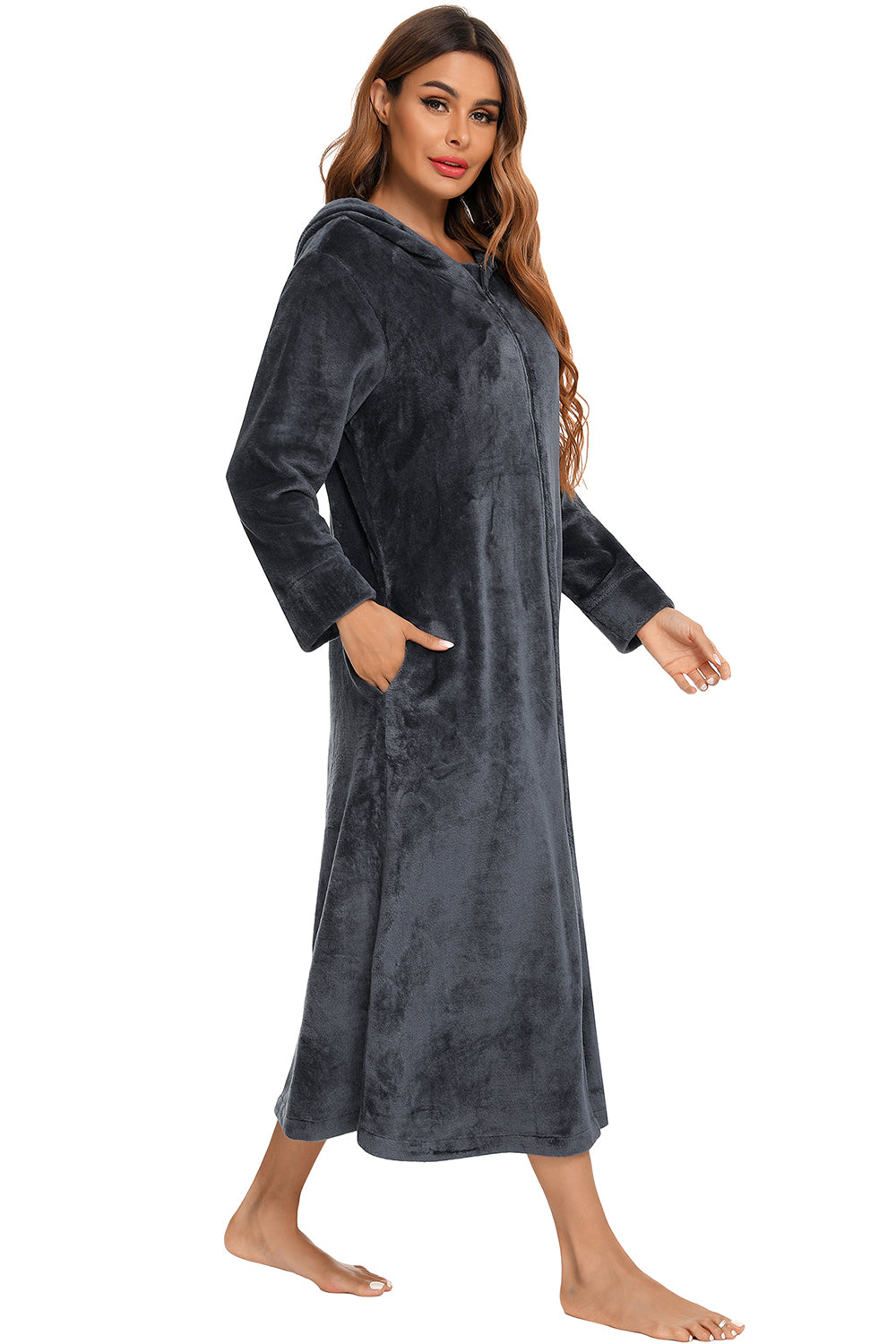Zip Front Hooded Night Dress with Pockets - Fashorio