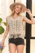 ADORA Fringe Hem Crochet Vest Cardigan BEIGE One Size - Fashorio