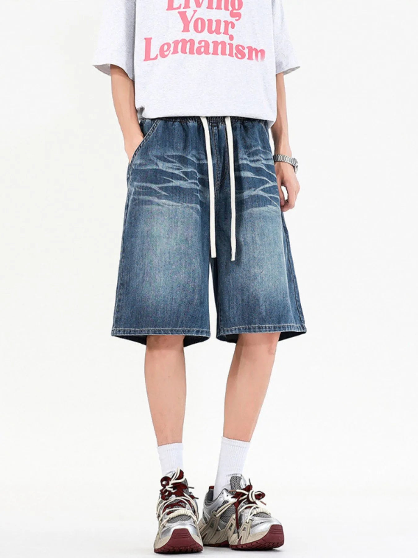 Men's Full Size Relaxed Fit Denim Shorts with Drawstring Waist Plus Size - Fashorio
