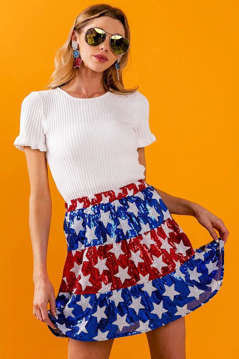 BiBi American Flag Theme Star Sequin Tiered Skirt - Fashorio