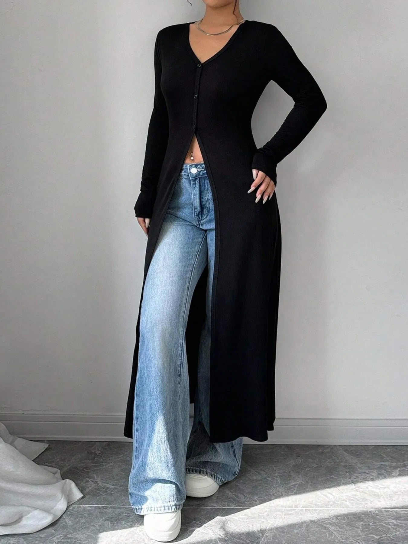 V-Neck Button-Front Longline Cardigan Black - Fashorio