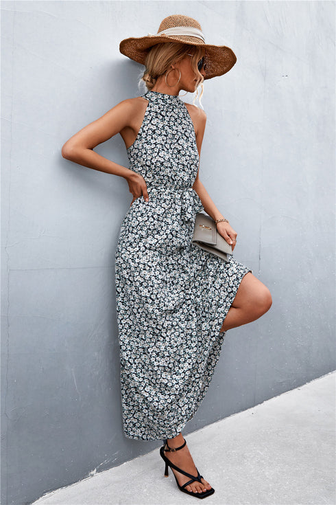 Printed Sleeveless Tie Waist Maxi Dress - Fashorio