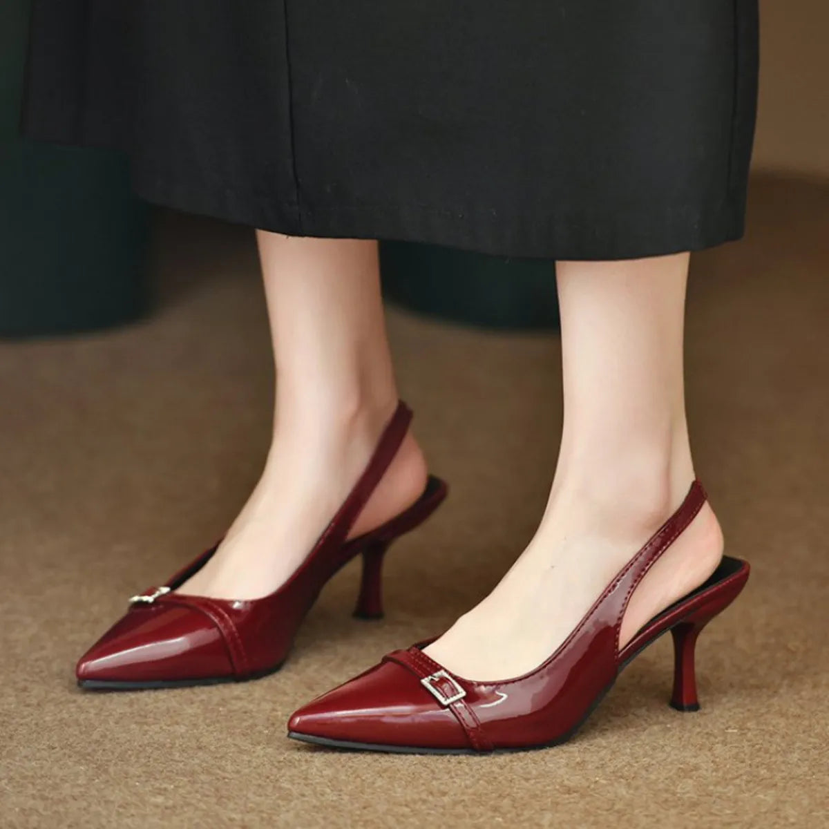 Pointed Toe Slingback Pumps Burgundy - Fashorio