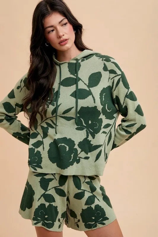 Annie Wear Flower Pattern Drawstring Hooded Top and Shorts Sweater Set - Fashorio