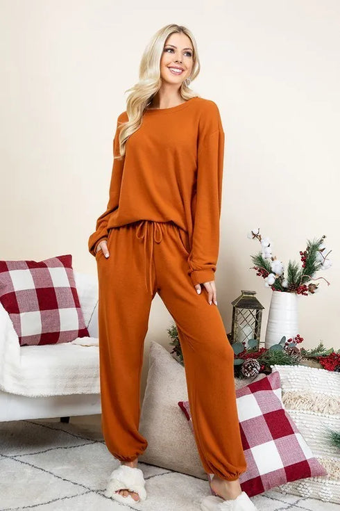 Super Lady Full Size Fuzzy Hacci Brush Round Neck Top and Pants Lounge Set - Fashorio