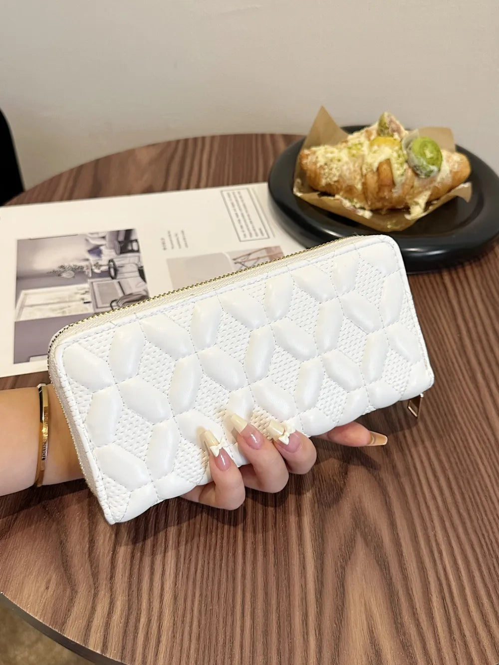 PU Leather Solid Color Wallet White Grid One Size - Fashorio