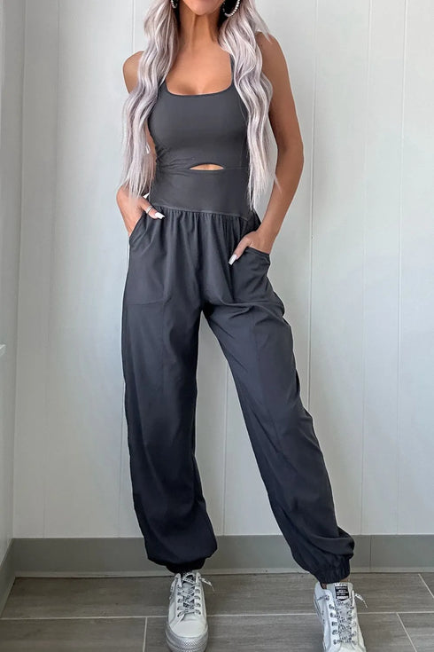 Cutout Square Neck Wide Strap Active Jumpsuit Dark Gray - Fashorio