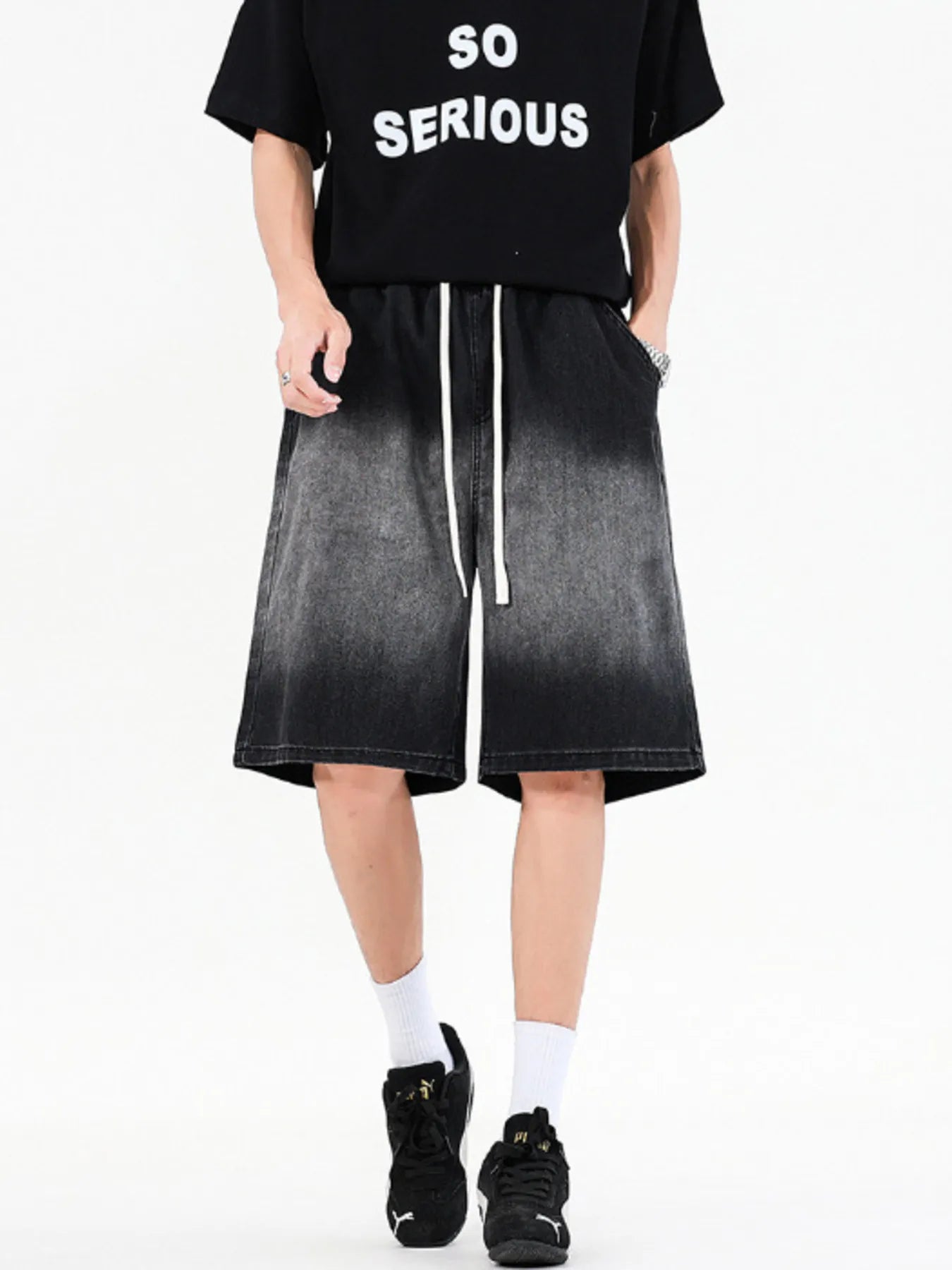 Men's Full Size Drawstring Loose Fit Denim Shorts Plus Size Black Gray - Fashorio
