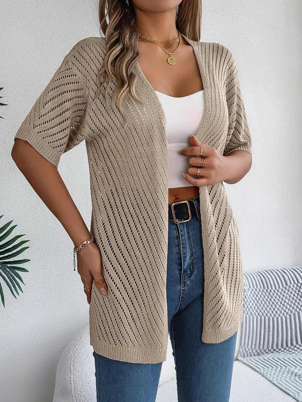 Openwork Open Front Half Sleeve Cardigan - Fashorio