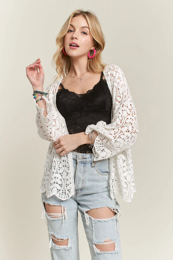 ADORA Leaf Pattern Crochet Cardigan WHITE - Fashorio