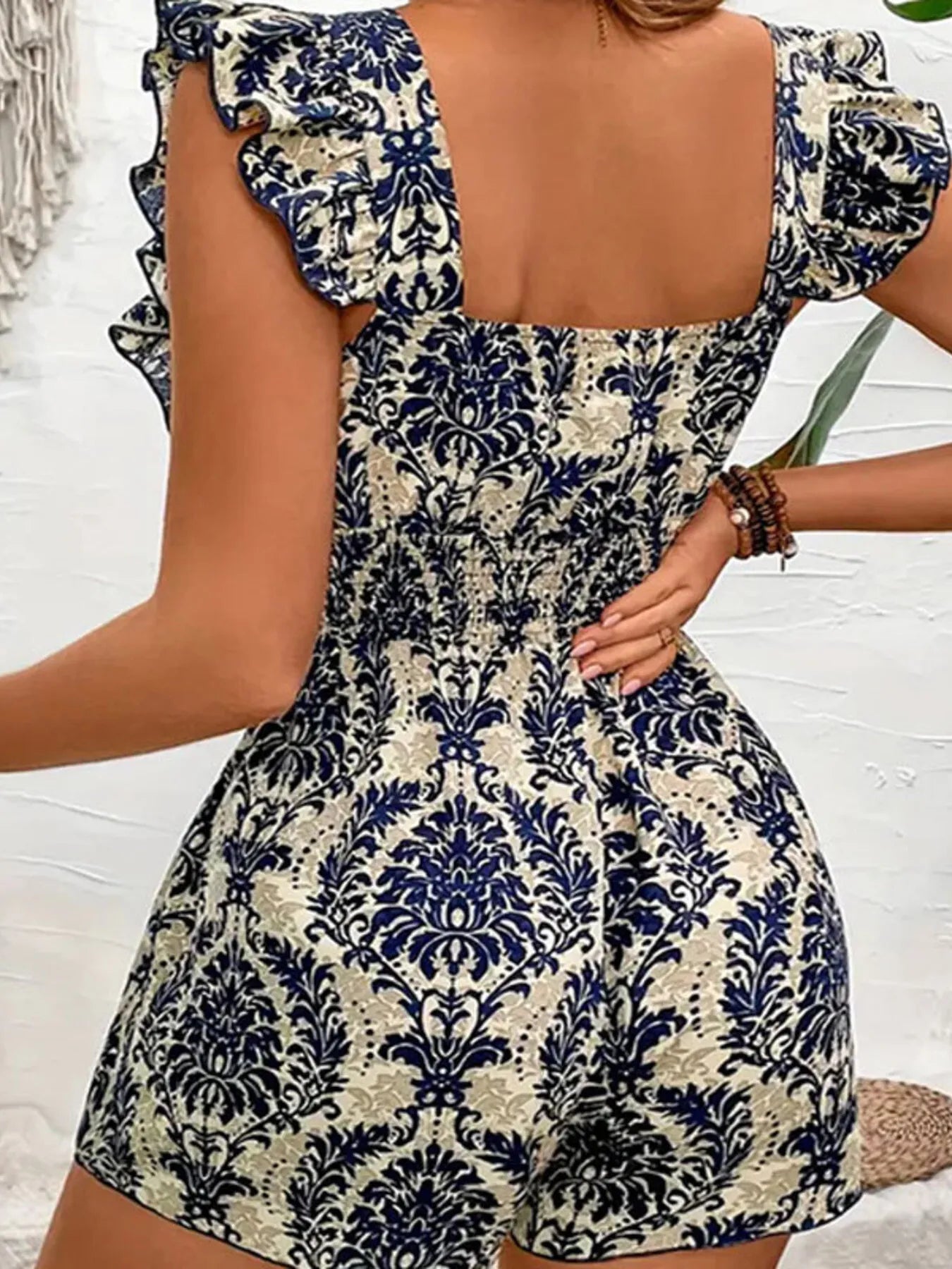 Ruffled Printed Square Neck Romper - Fashorio