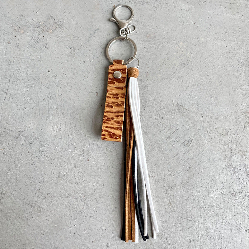 Genuine Leather Tassel Keychain Camel One Size - Fashorio