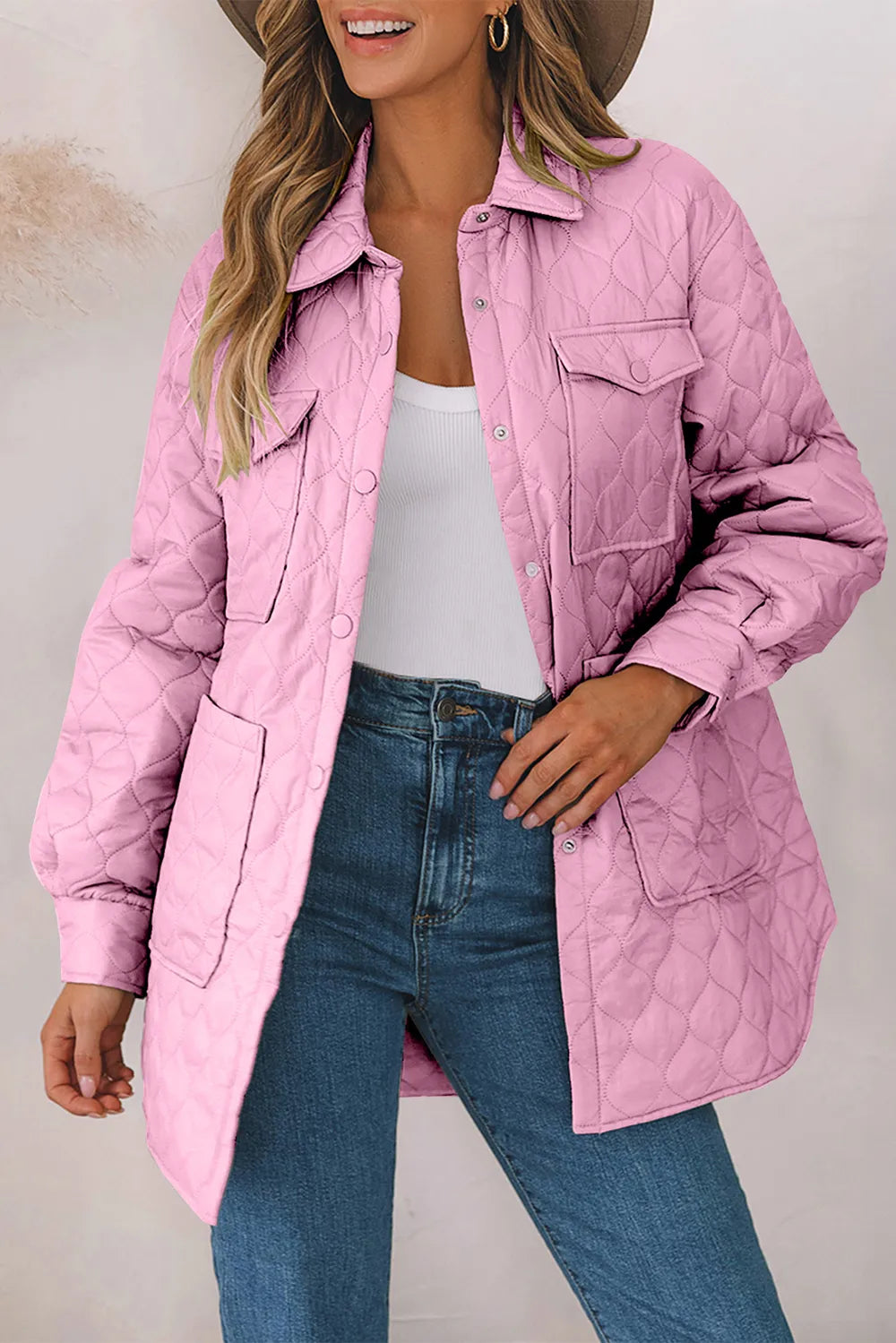 Snap Down Collared Winter Coat Pink - Fashorio