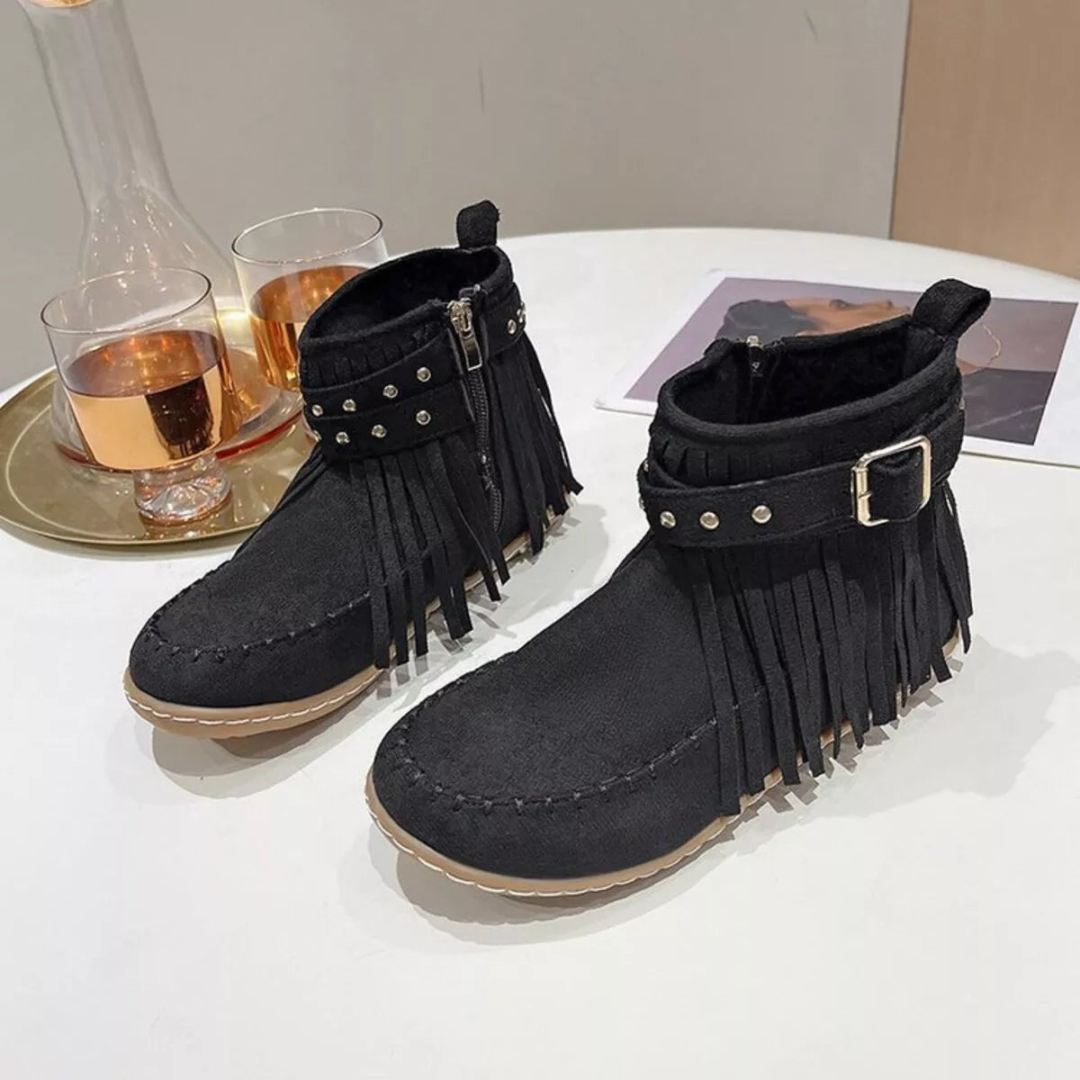 Fringe Round Toe Boots - Fashorio