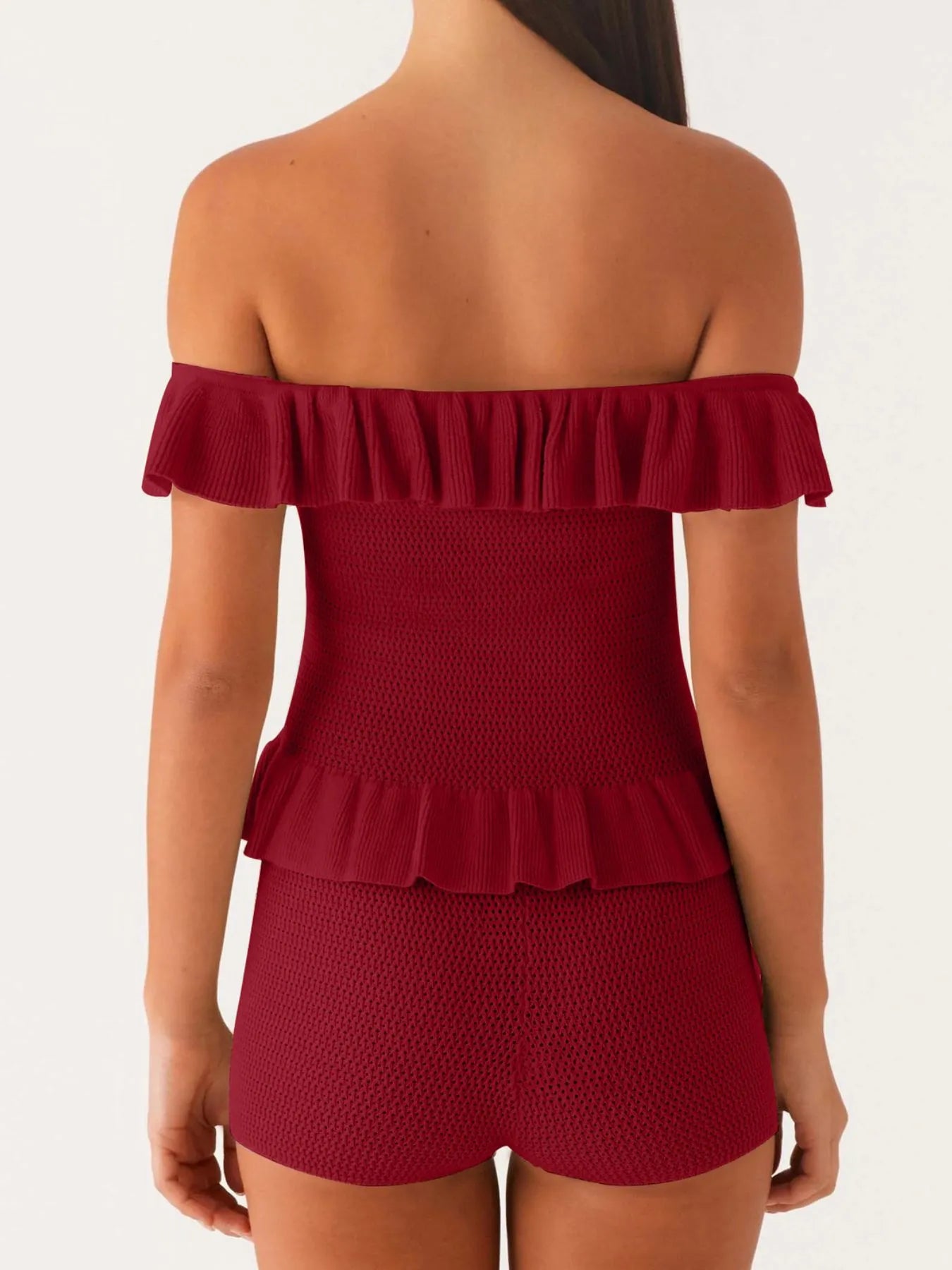 Off-Shoulder Ruffle Top and Shorts Sweater Set - Fashorio