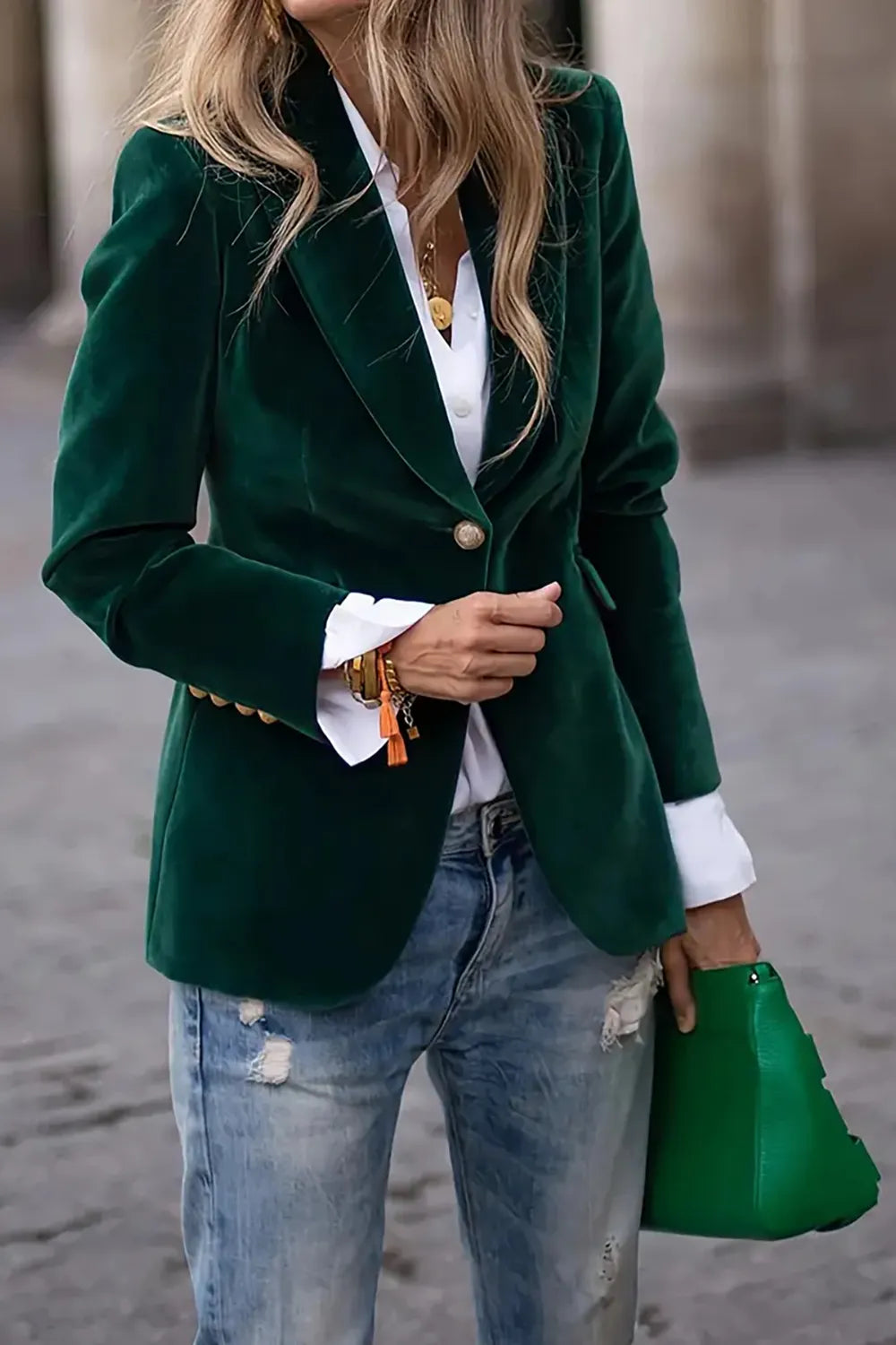 One Button Lapel Collar Long Sleeve Blazer Black Forest - Fashorio