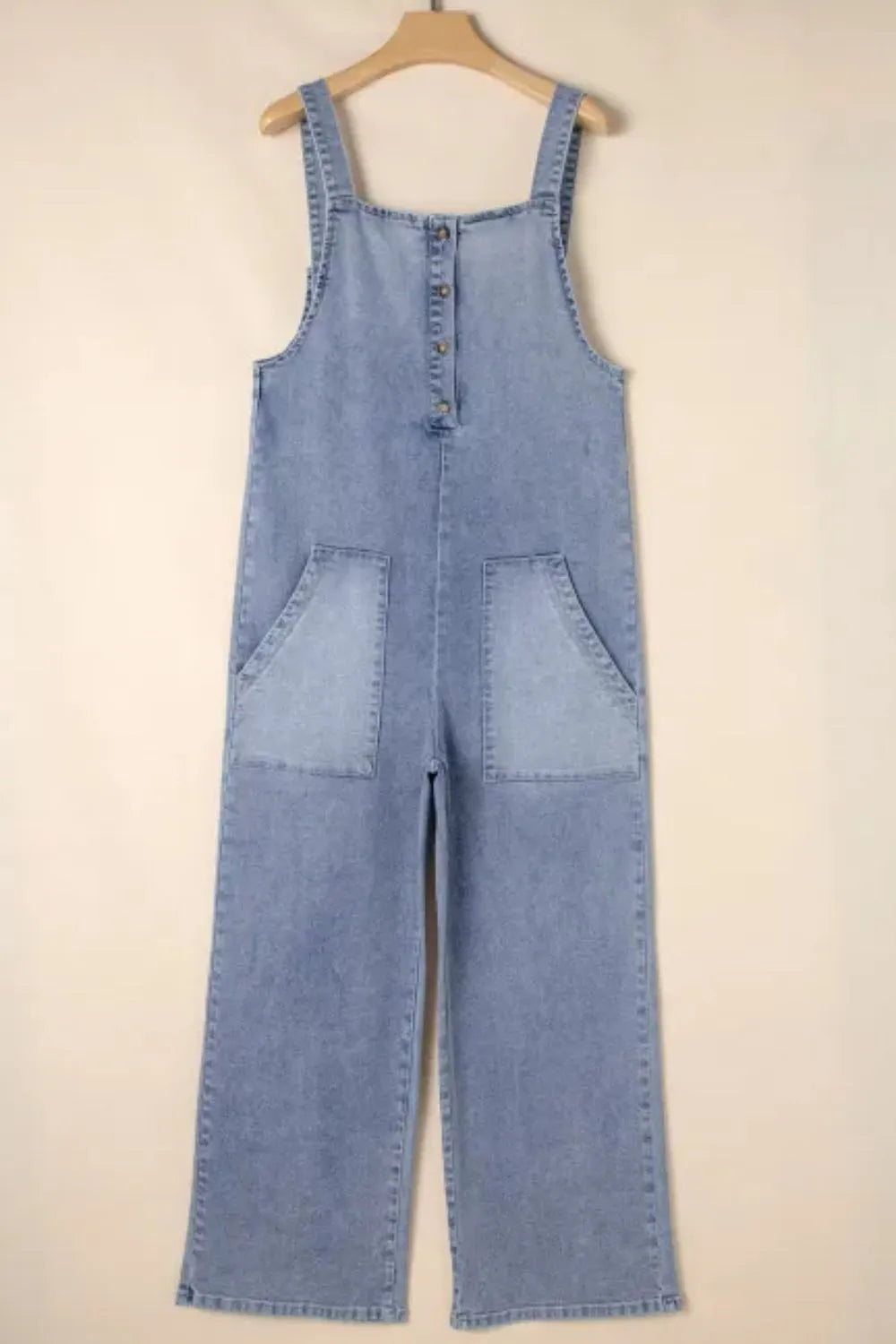 Wide Strap Denim Overalls with Pockets - Fashorio