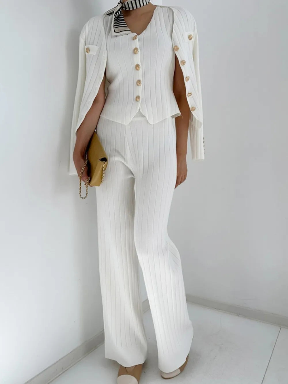 V-Neck Tank, Cardigan and Pants Three-Piece Sweater Set White One Size - Fashorio